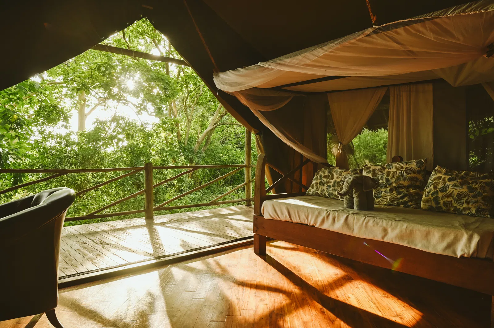 Mid-range tented safari camp interior Tanzania with private bathroom